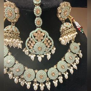 Pakistani Indian Desi Mint Green Statement Necklace Set with jhumkay and Tika